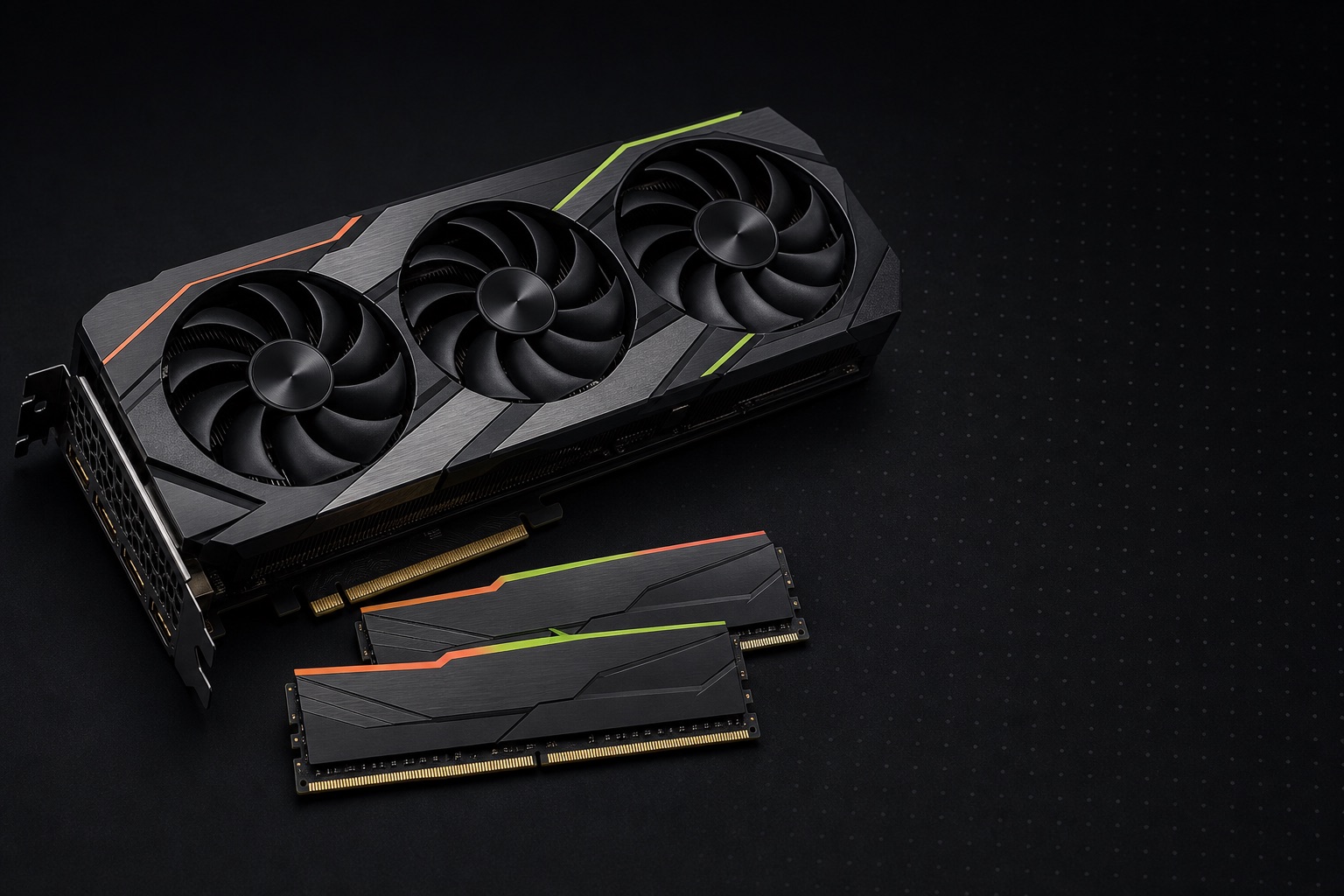 Tarjeta gráfica de tres ventiladores junto a dos módulos de memoria RAM